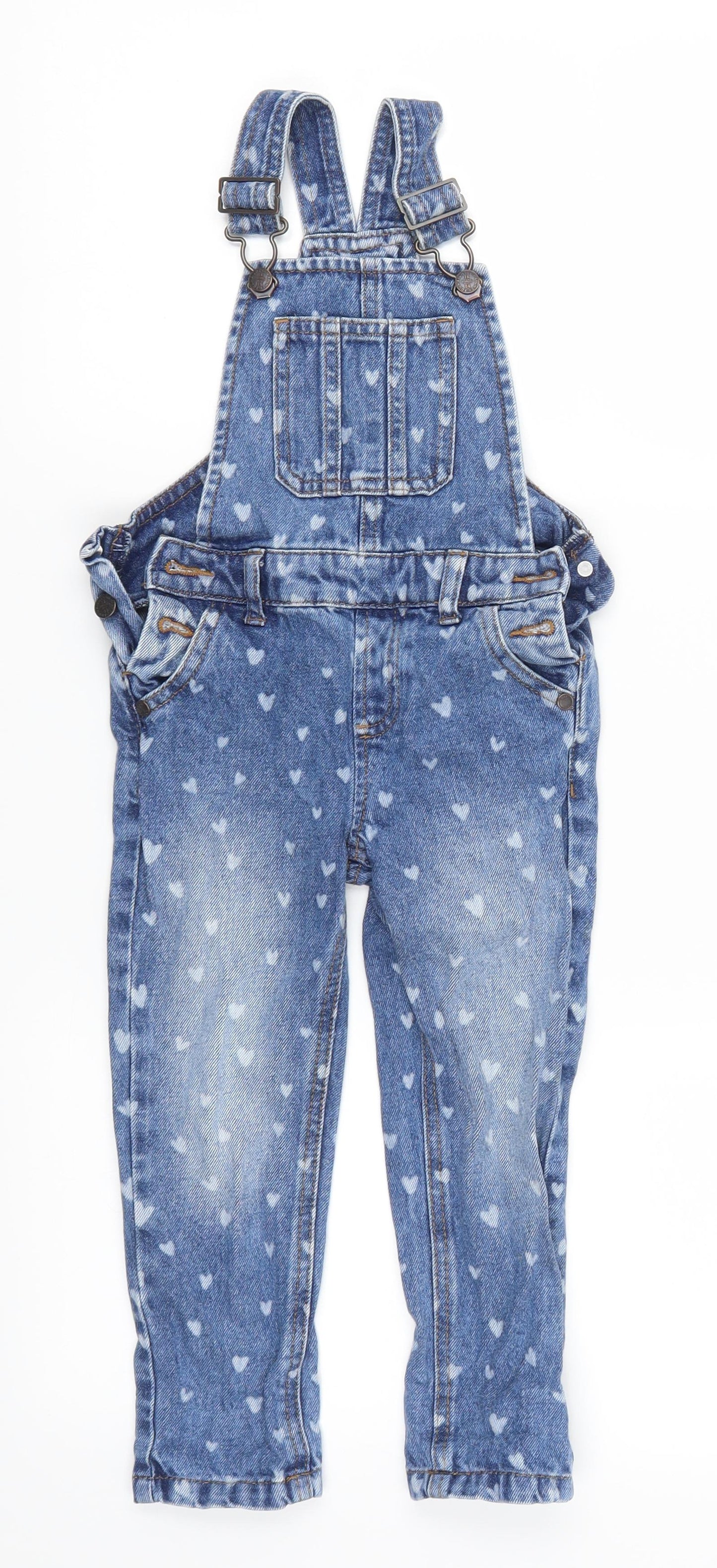 Marks and Spencer Girls Blue Geometric Denim Dungaree One-Piece Size 2-3 Years  - Love Hearts