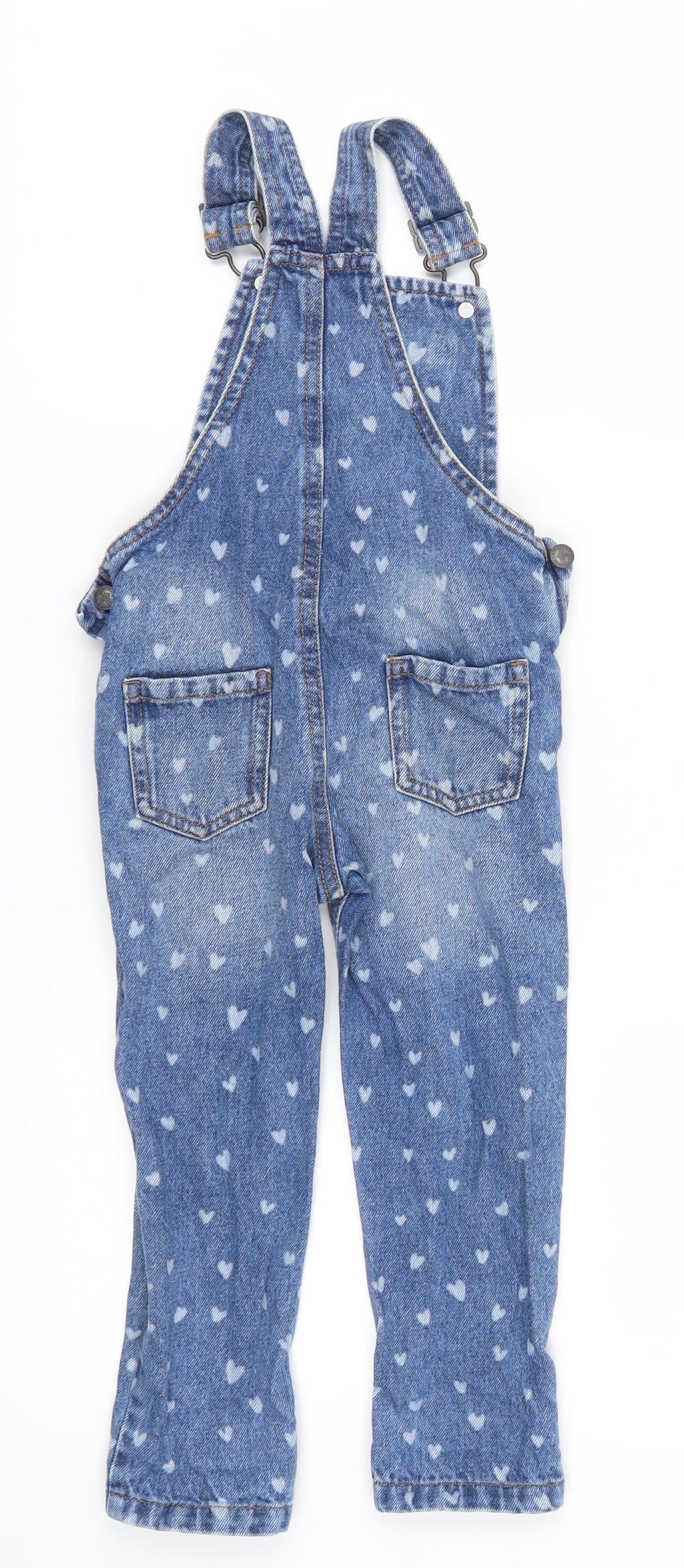 Marks and Spencer Girls Blue Geometric Denim Dungaree One-Piece Size 2-3 Years  - Love Hearts
