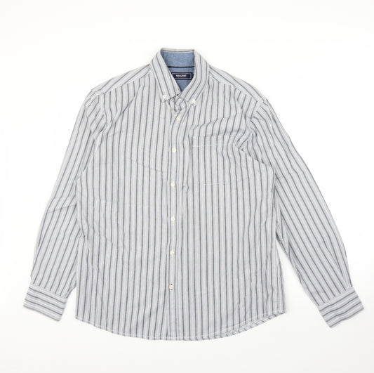 Front view of Maine New England men’s blue striped button-up, size M