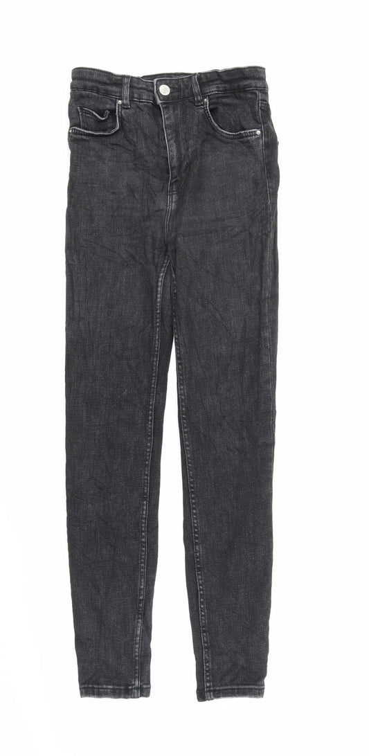 Front view of Zara men’s black denim skinny jeans, size 24, in, 26-inch leg