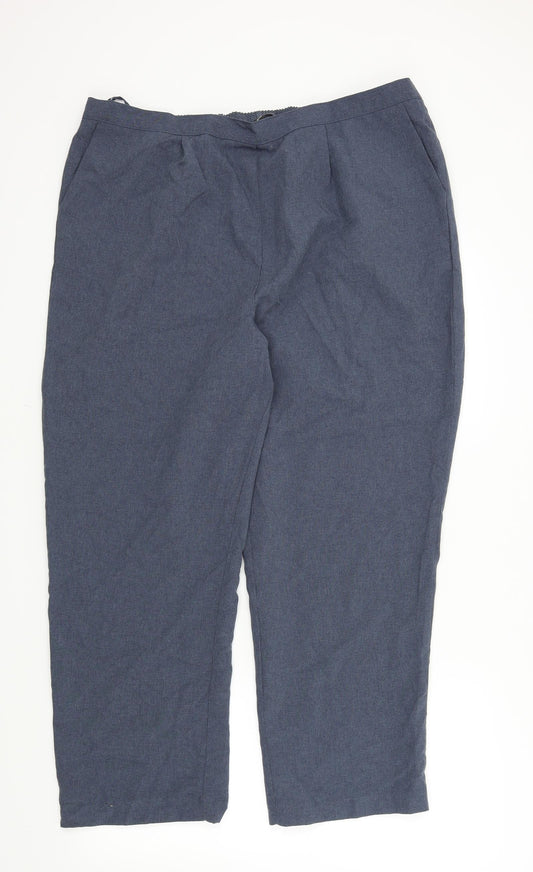 Front view of Preworn women’s blue trousers, size UK 20, 26-inch leg