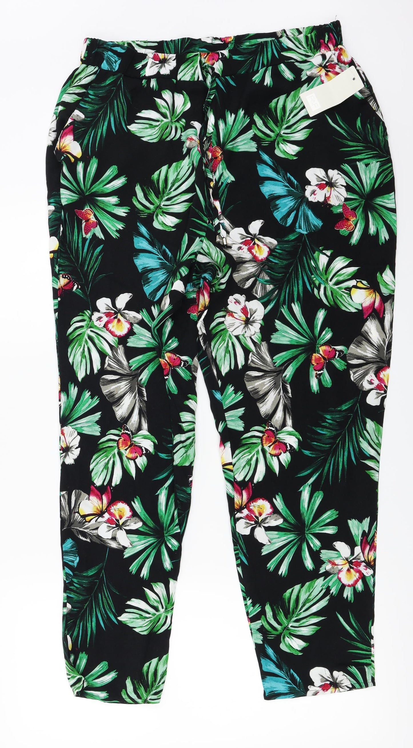 F&F  Womens Black Floral  Trousers  Size 16 L25 in