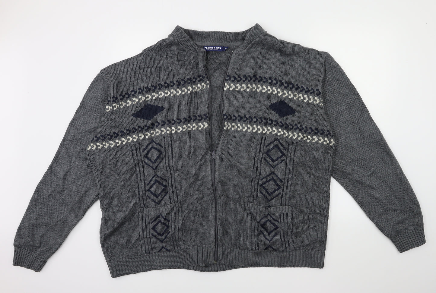 PREMIER MAN Mens Green Striped Knit Cardigan Jumper Size XL