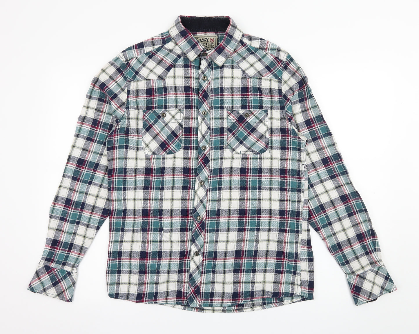 Easy Mens Blue Plaid   Button-Up Size M