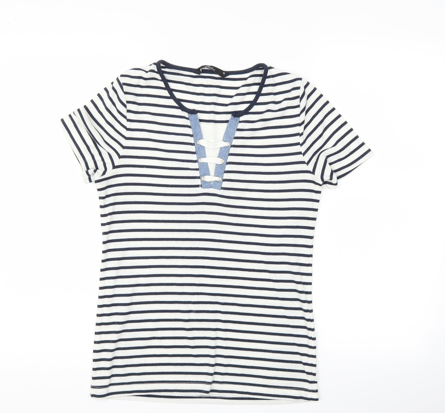 bm casual Womens White Striped  Basic T-Shirt Size XS