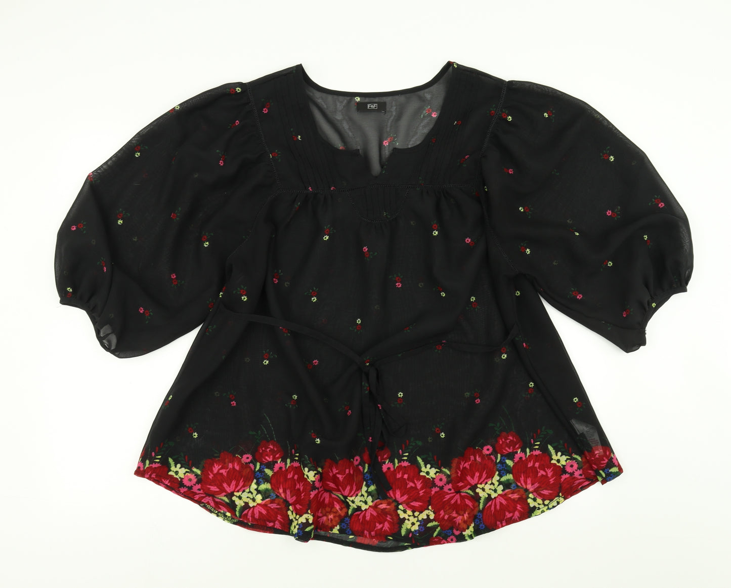 F&F Womens Black Floral  Basic Blouse Size 18  - sheer