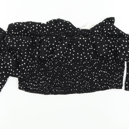 In the Style Womens Black Polka Dot  Basic Blouse Size 10  - frill neck line an sleeves