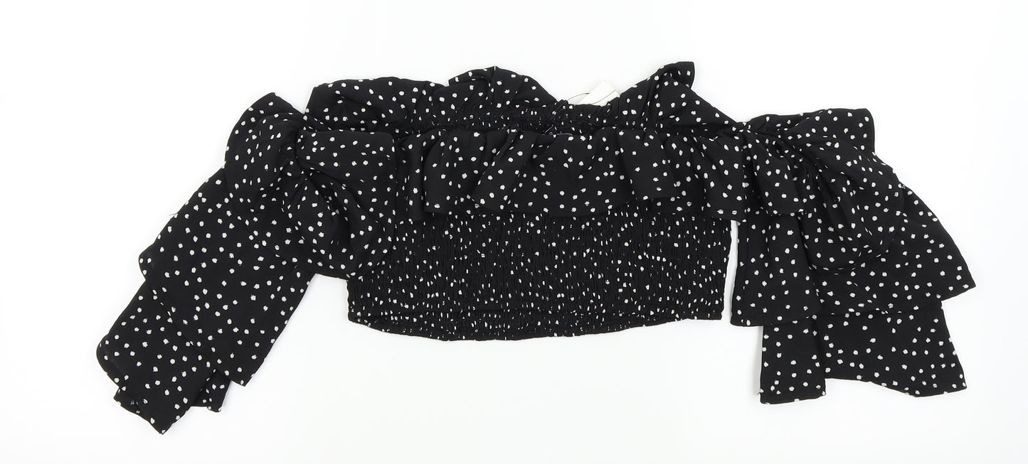 In the Style Womens Black Polka Dot  Basic Blouse Size 10  - frill neck line an sleeves