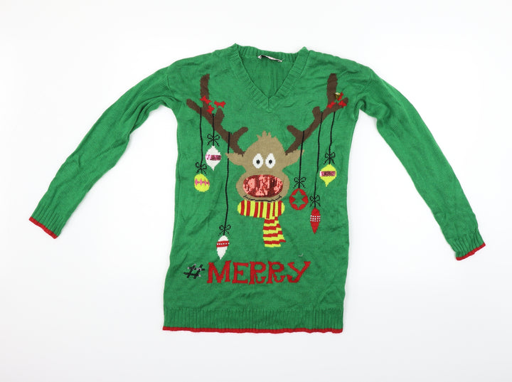 daisy shopper Womens Green Pullover Jumper Size M - Merry Christmas