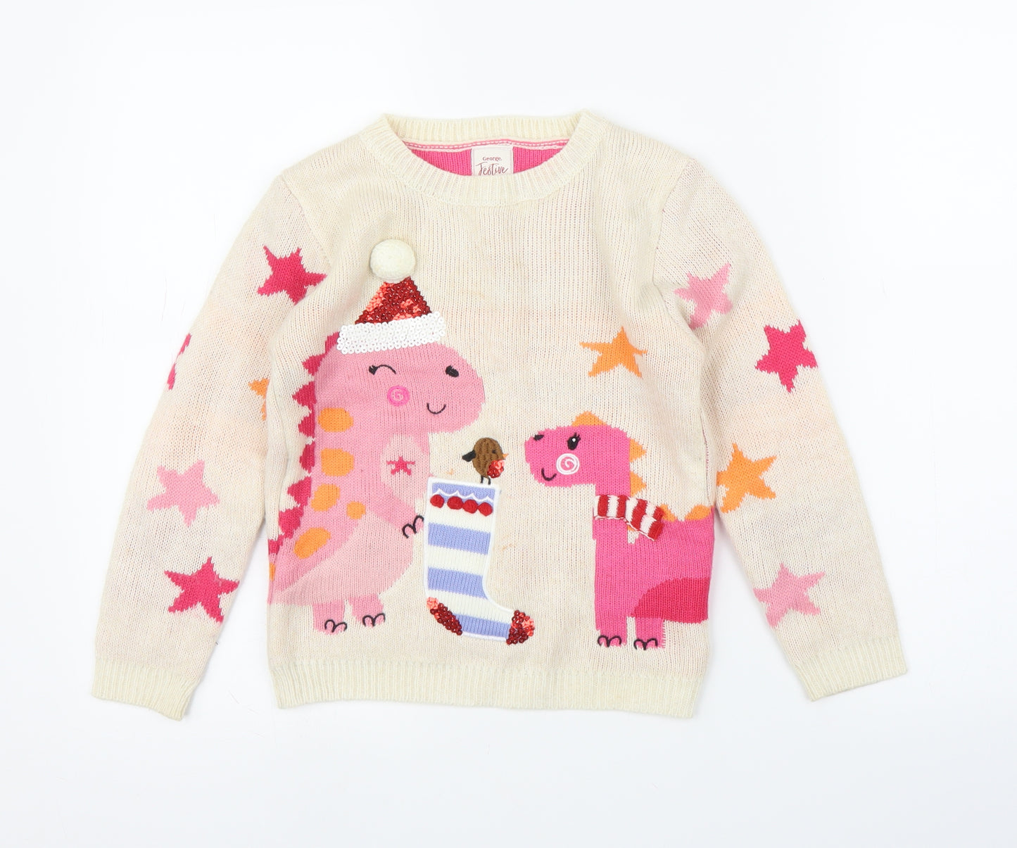 George Girls White   Pullover Jumper Size 5-6 Years  - Christmas, Dinosaur