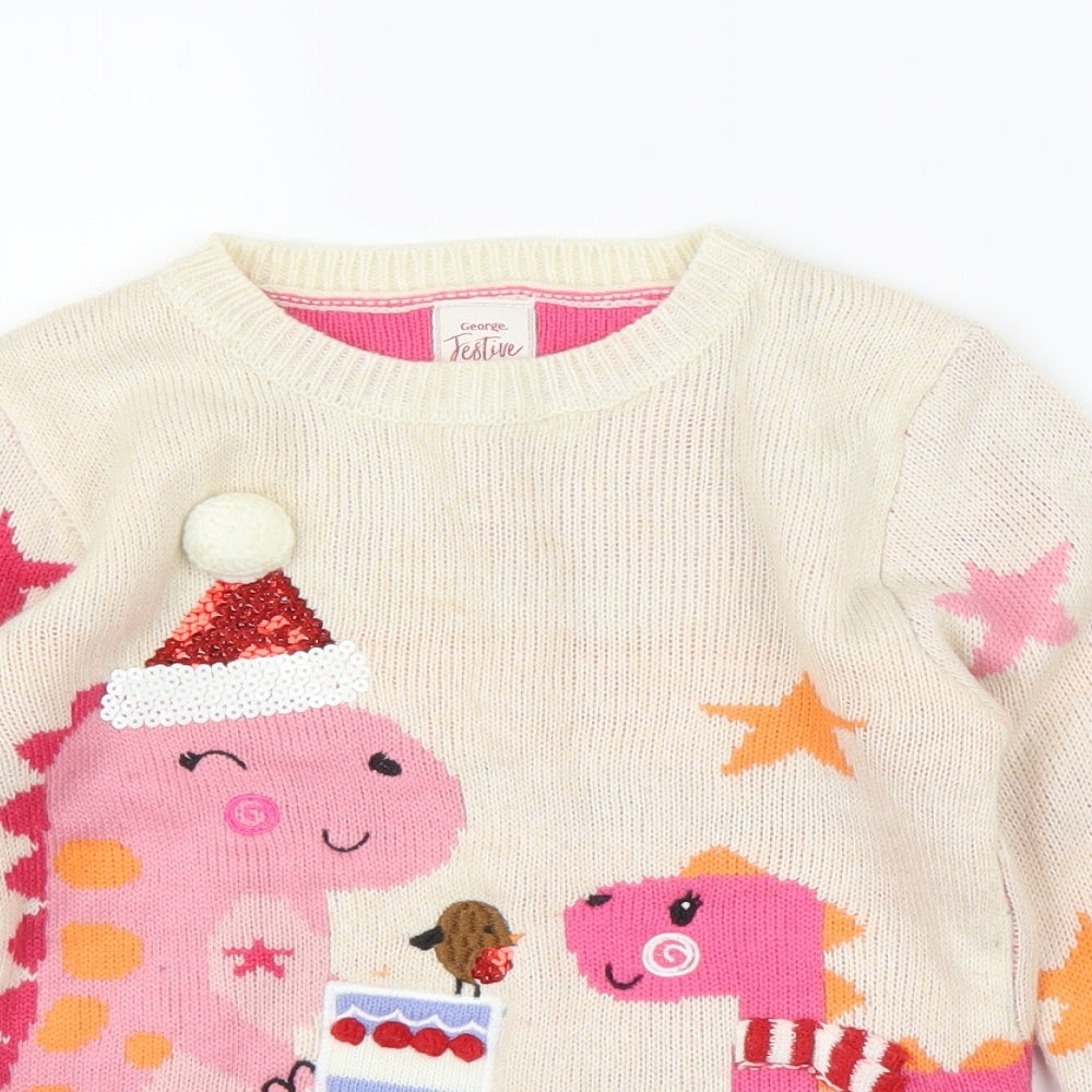 George Girls White   Pullover Jumper Size 5-6 Years  - Christmas, Dinosaur