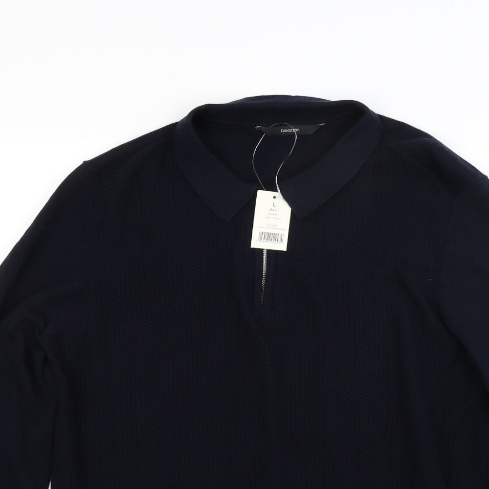 George Mens Blue  Knit Henley Jumper Size L