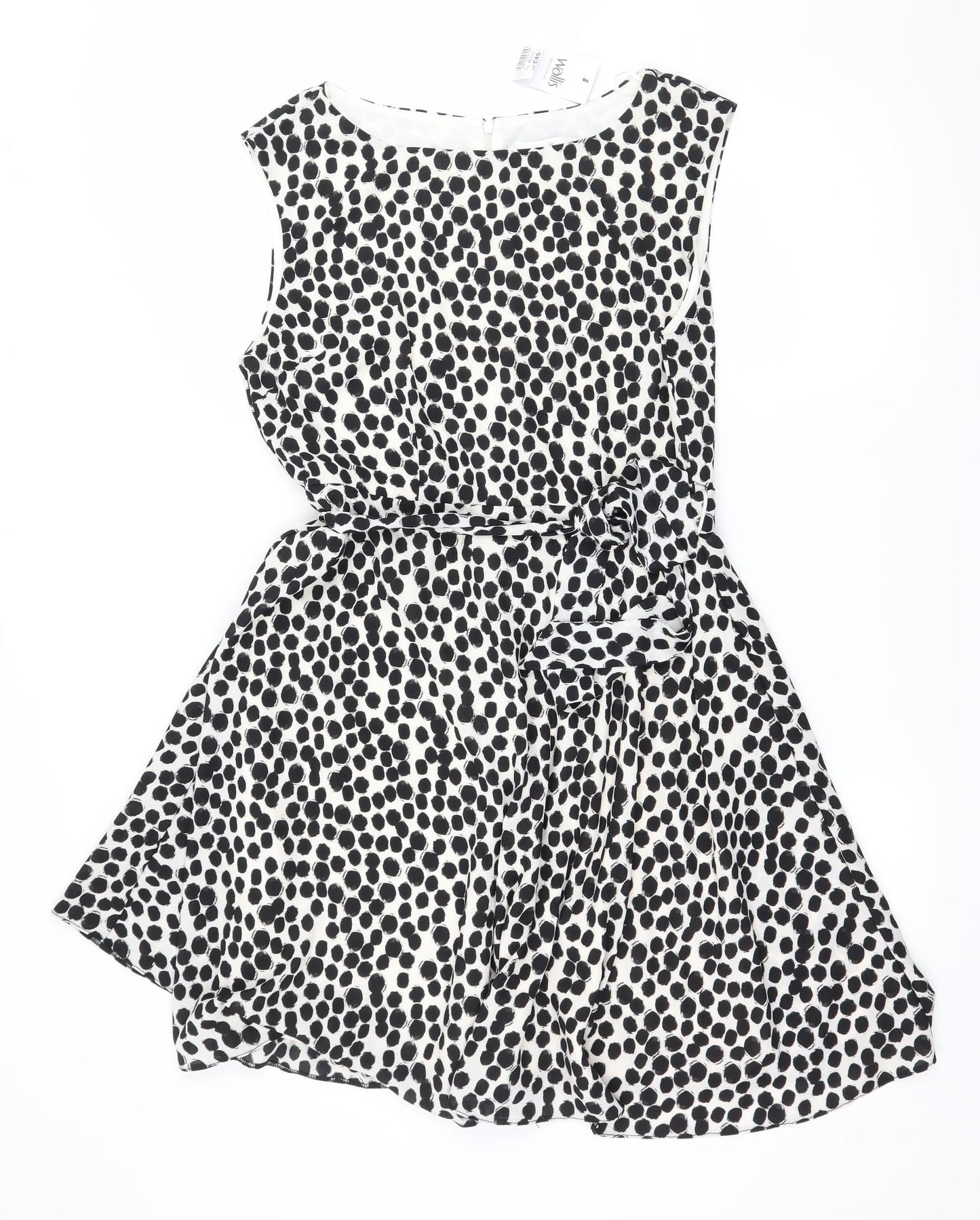 Wallis Womens White Polka Dot Chiffon Skater Dress  Size 14