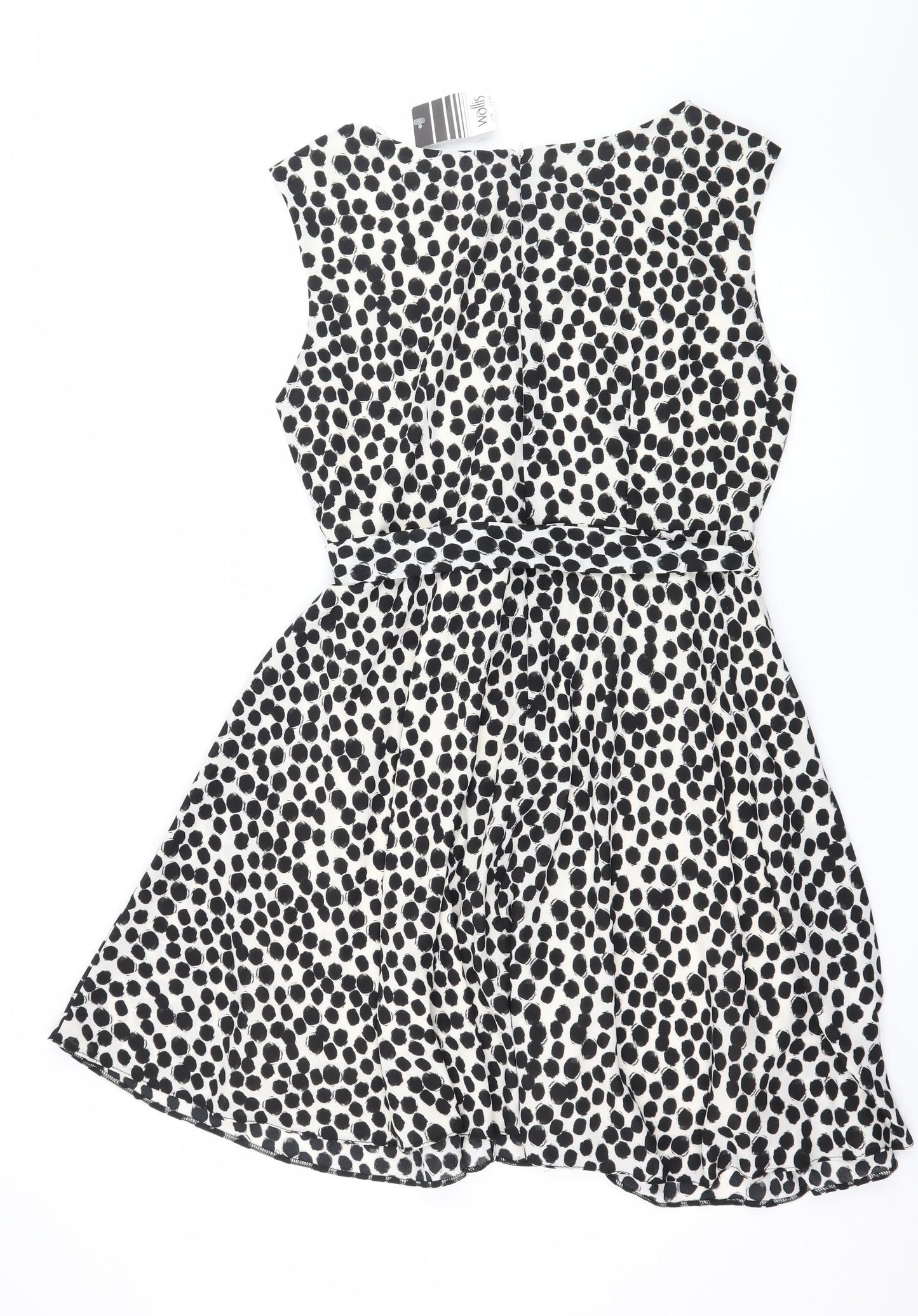 Wallis Womens White Polka Dot Chiffon Skater Dress  Size 14
