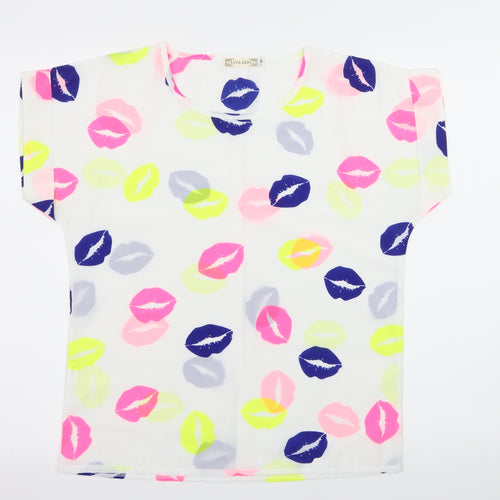 Liva Girl Womens White Geometric  Basic T-Shirt Size M  - Kiss Print