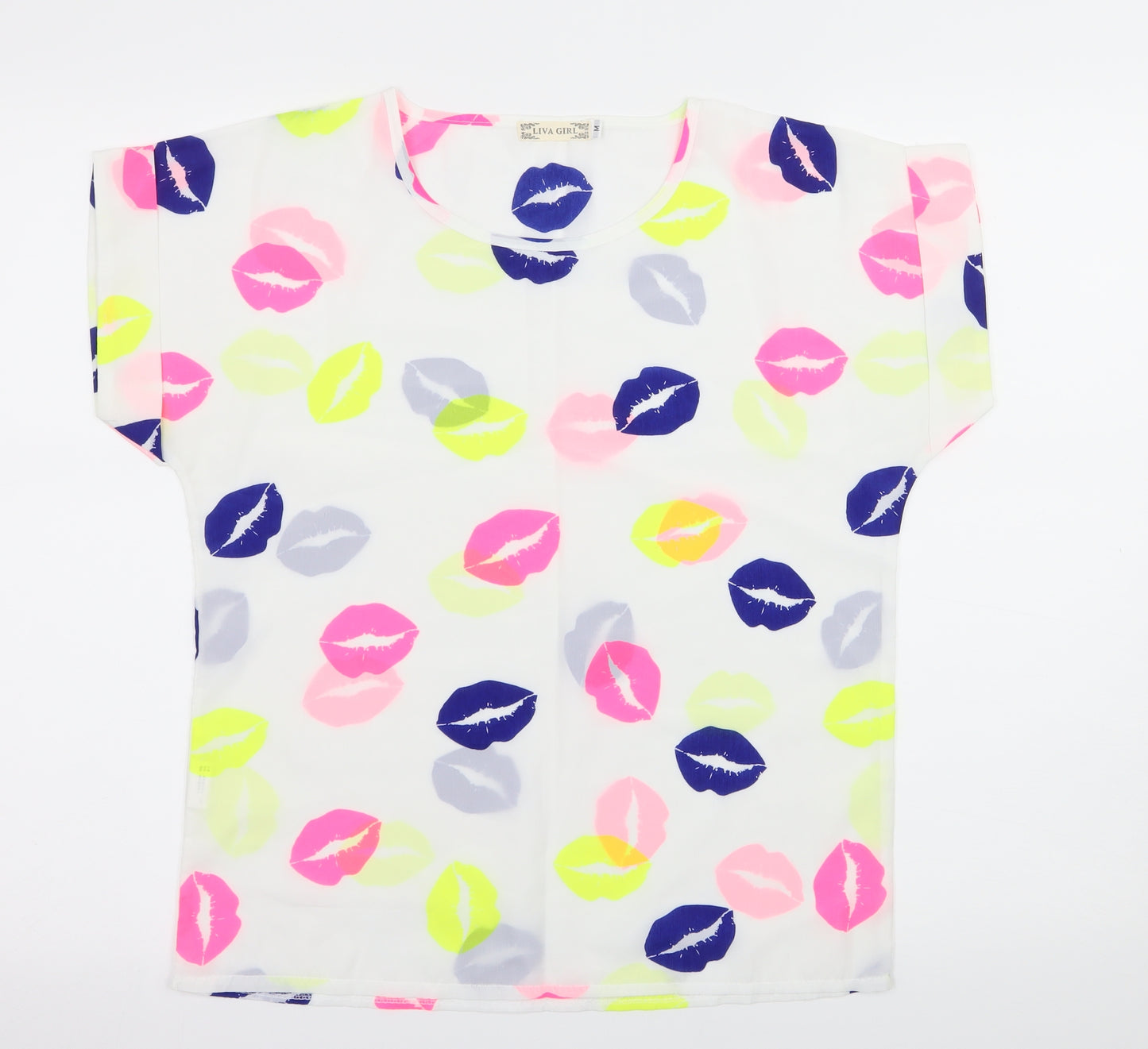 Liva Girl Womens White Geometric  Basic T-Shirt Size M  - Kiss Print