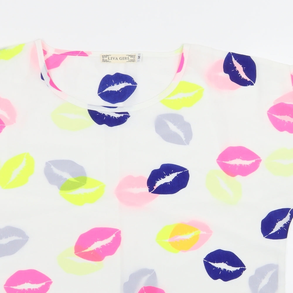 Liva Girl Womens White Geometric  Basic T-Shirt Size M  - Kiss Print