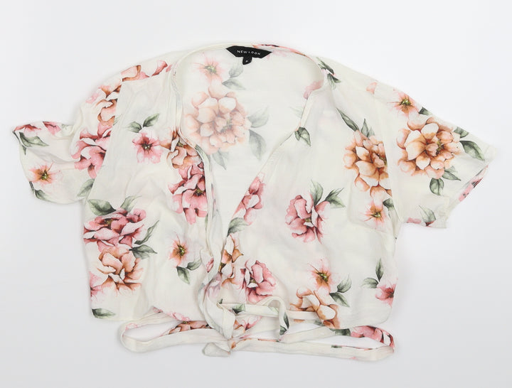 New Look Womens White Floral  Cropped Blouse Size 8