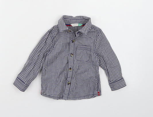 Front view of John Lewis boys’ blue check basic button-up, size 6-9, months