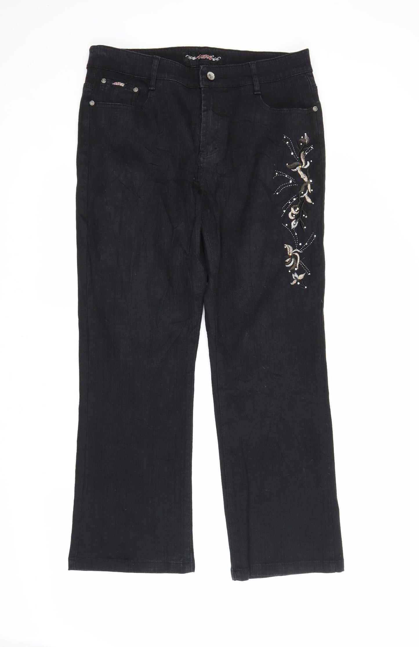 ADR Womens Black Floral Denim Bootcut Jeans Size 14 L28 in