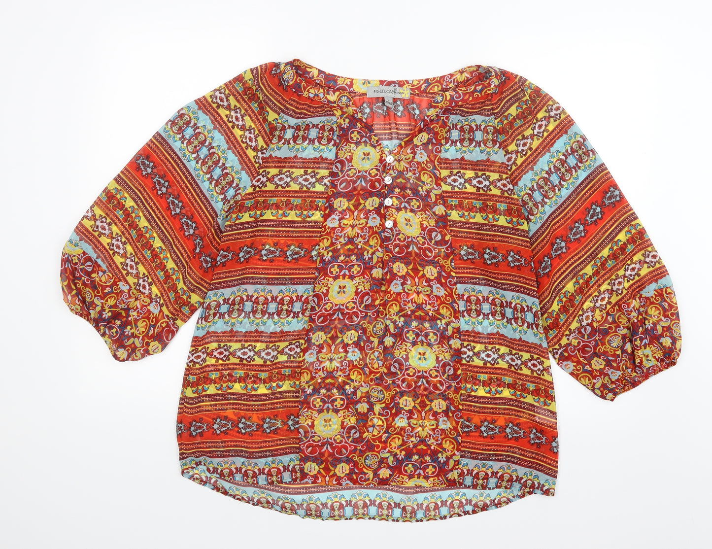 Figueroa & Flower Womens Red Geometric Mesh Basic Blouse Size L