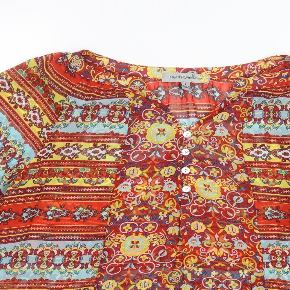 Figueroa & Flower Womens Red Geometric Mesh Basic Blouse Size L