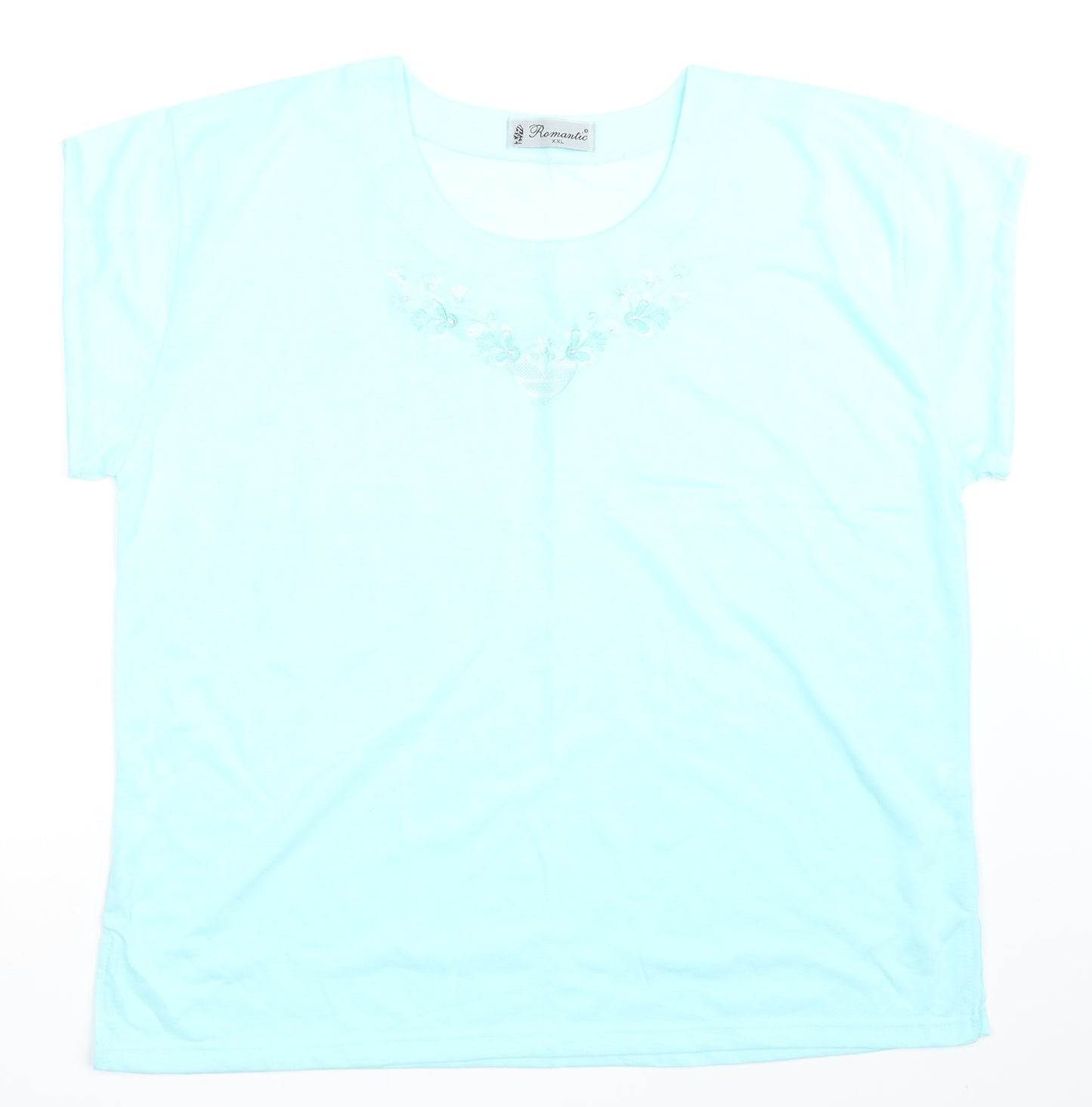 Romantic Womens Blue Floral  Basic T-Shirt Size 2XL