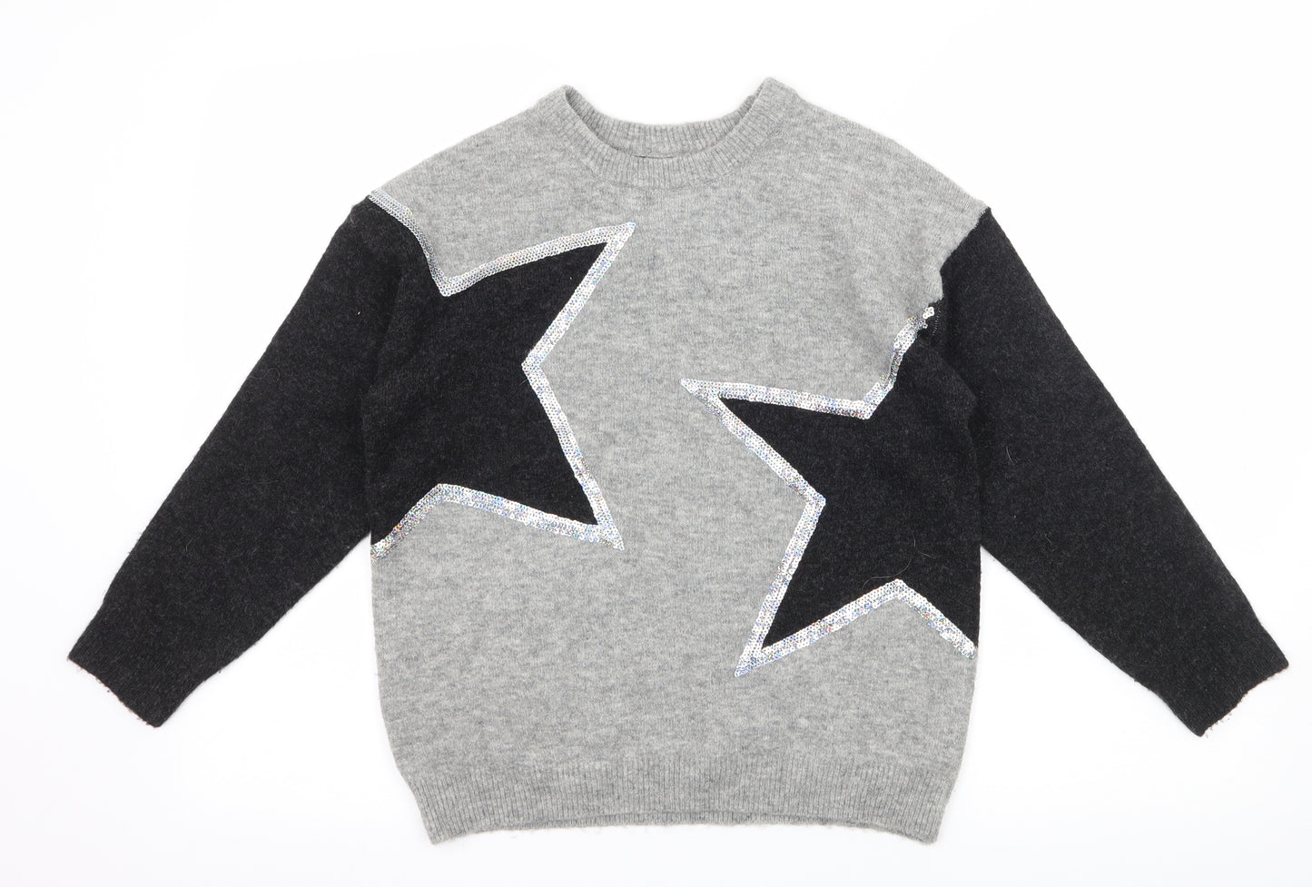 F& Girls Grey Geometric Knit Pullover Jumper Size 11-12 Years  - Stars