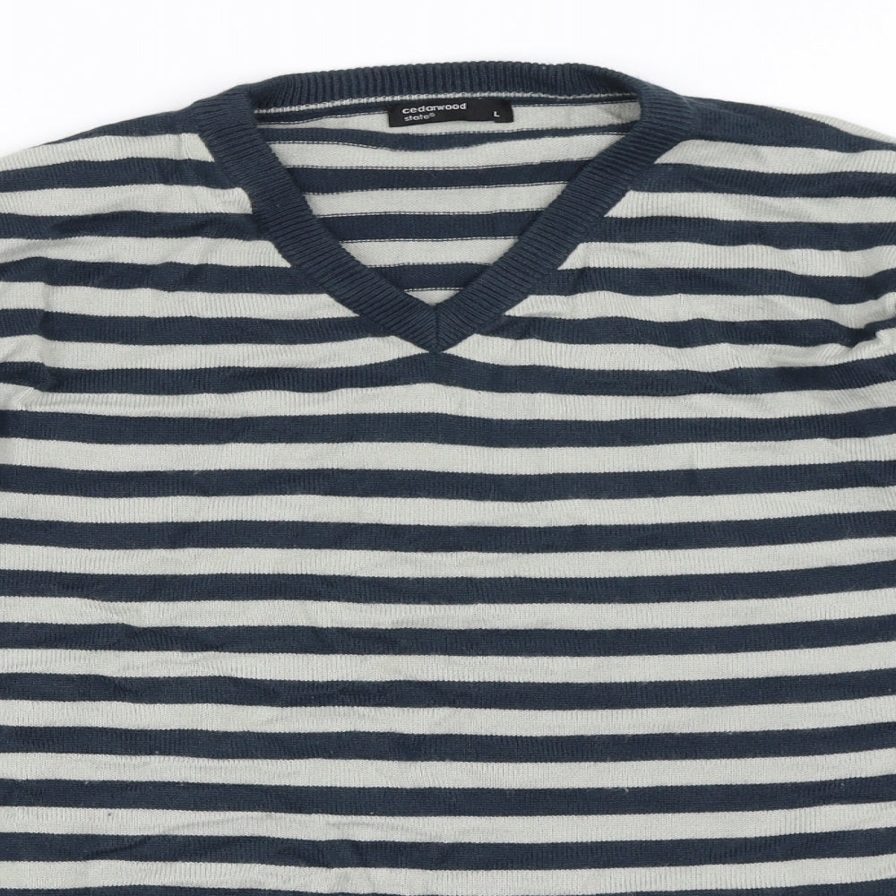Cedar Wood State Mens Blue Striped  Pullover Jumper Size L