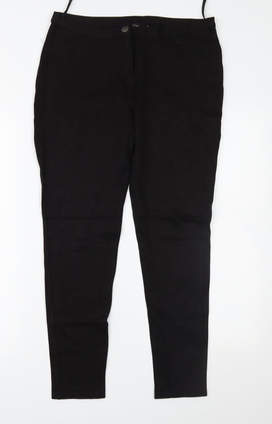 Front view of Dorothy Perkins women’s black trousers, size UK 14, 28-inch leg