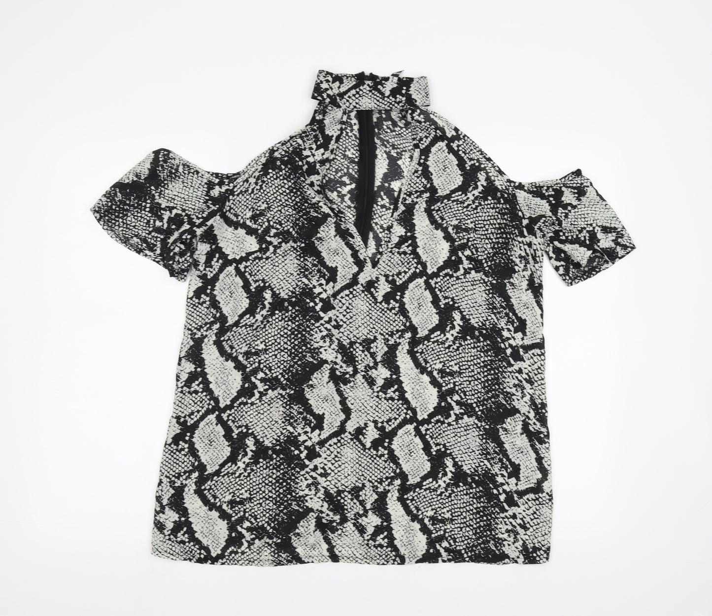 influence Womens Black Animal Print  Basic Blouse Size 10  - snake print, choker style neckline