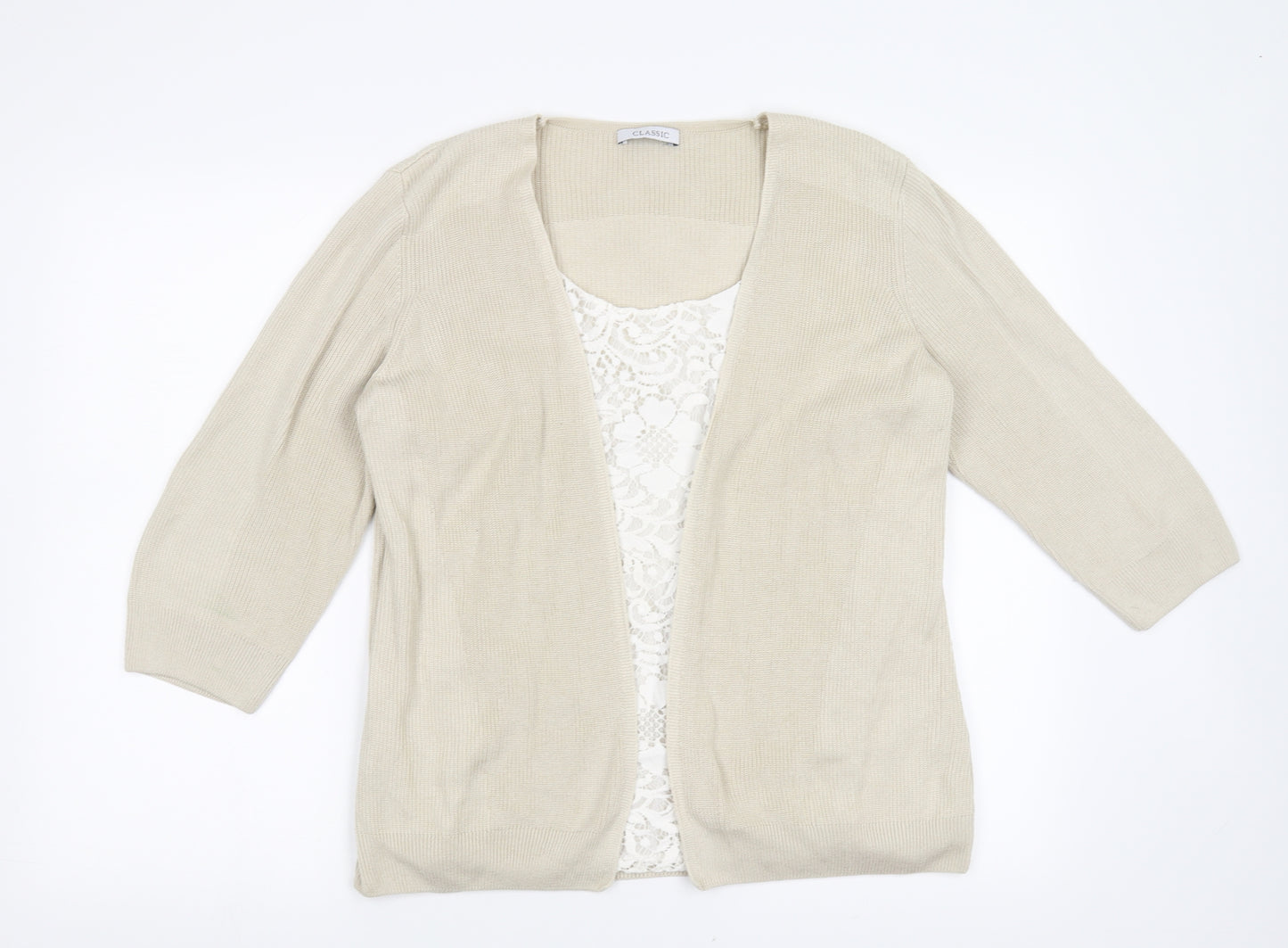 Marks and Spencer Womens Beige Floral  Cardigan Jumper Size 16  - under shirt detail, floral lace