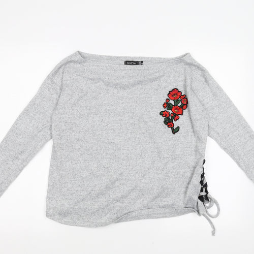 Boohoo Womens Grey   Pullover Jumper Size 10  - Floral Embroidery