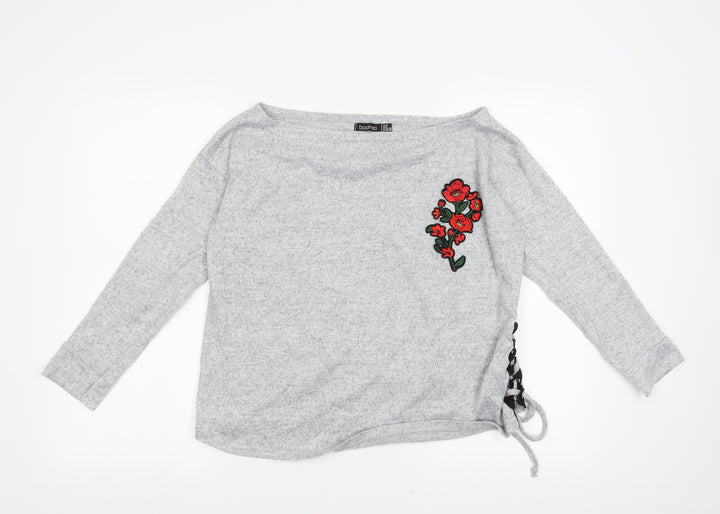Boohoo Womens Grey Pullover Jumper Size 10 - Floral Embroidery