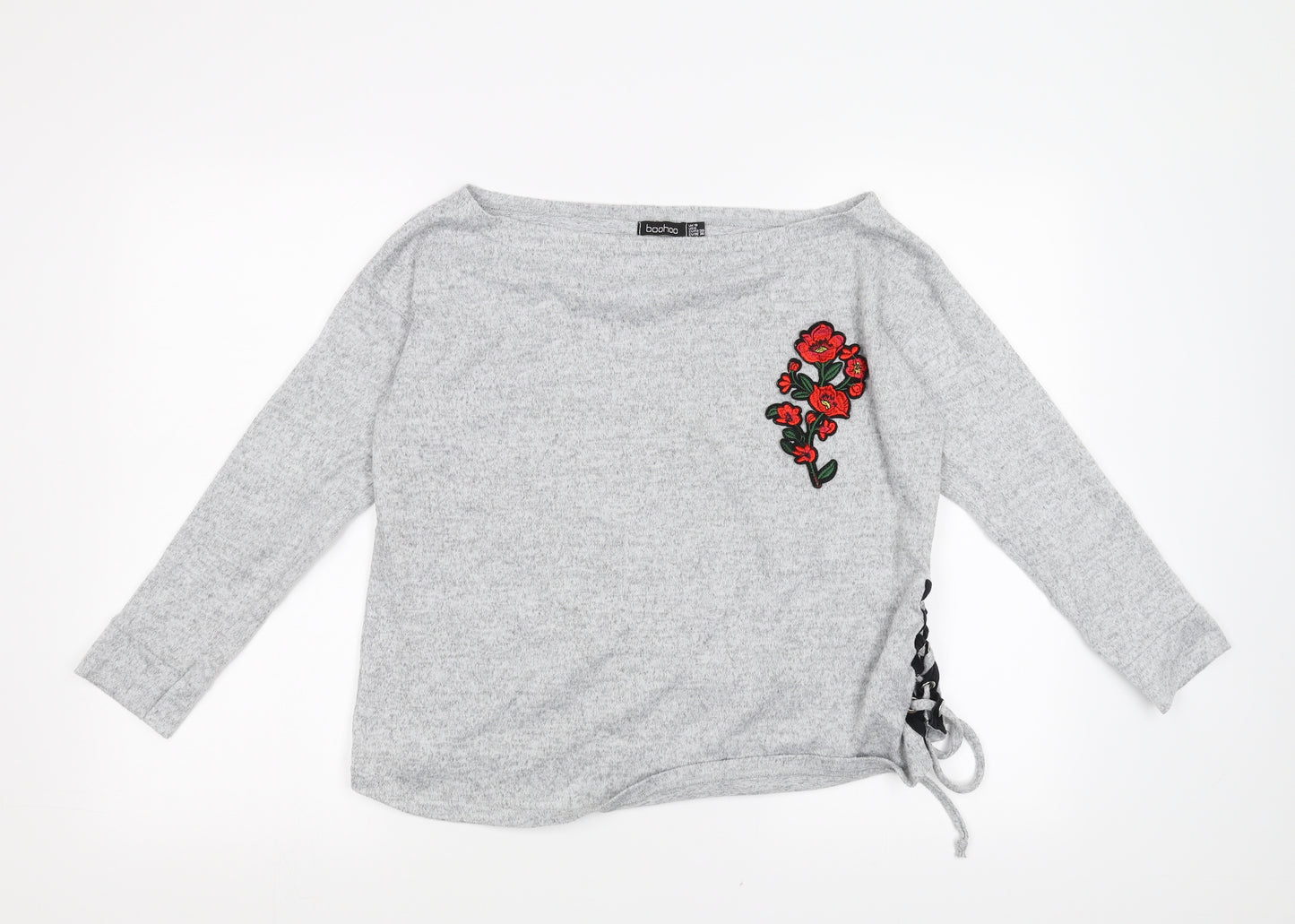 Boohoo Womens Grey   Pullover Jumper Size 10  - Floral Embroidery