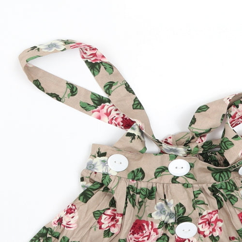 tong bie Girls Beige Floral  Pinafore/Dungaree Dress  Size 12 Months