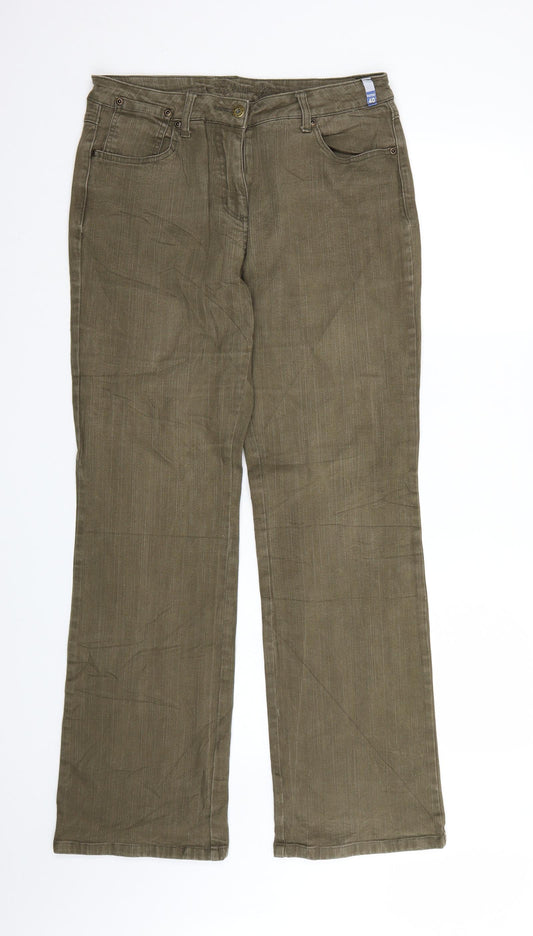 Front view of Vunic women’s green denim bootcut jeans, size UK 32, 32-inch leg
