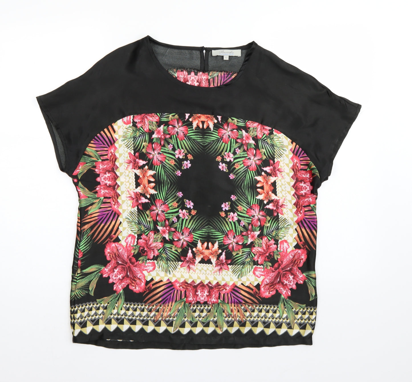 Peacocks Womens Black Floral Satin Basic T-Shirt Size 12