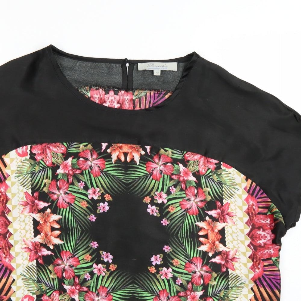 Peacocks Womens Black Floral Satin Basic T-Shirt Size 12