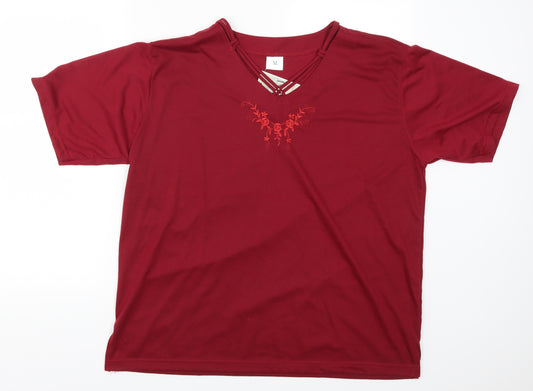 Front view of Lucky women’s red basic t-shirt, size XL, - flowers