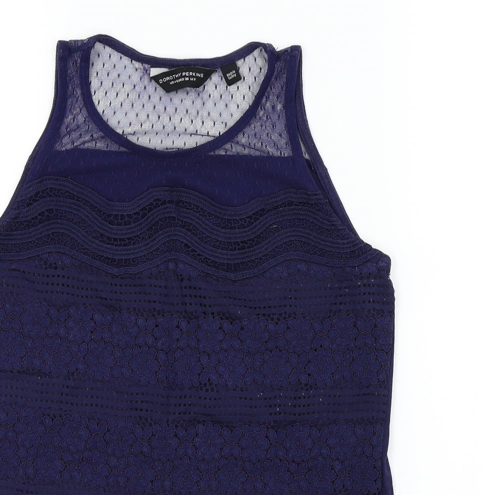 Dorothy Perkins Womens Blue Colourblock  Basic T-Shirt Size 8  - lace neck