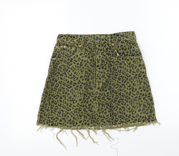 Zara Womens Green Animal Print A-Line Skirt Size XS