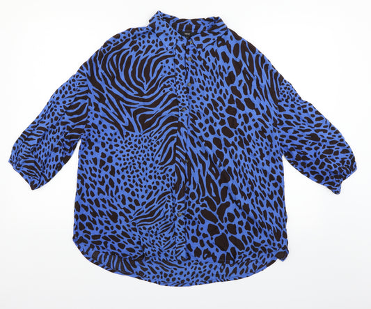 Front view of Next women’s blue animal print basic button-up, size UK 6