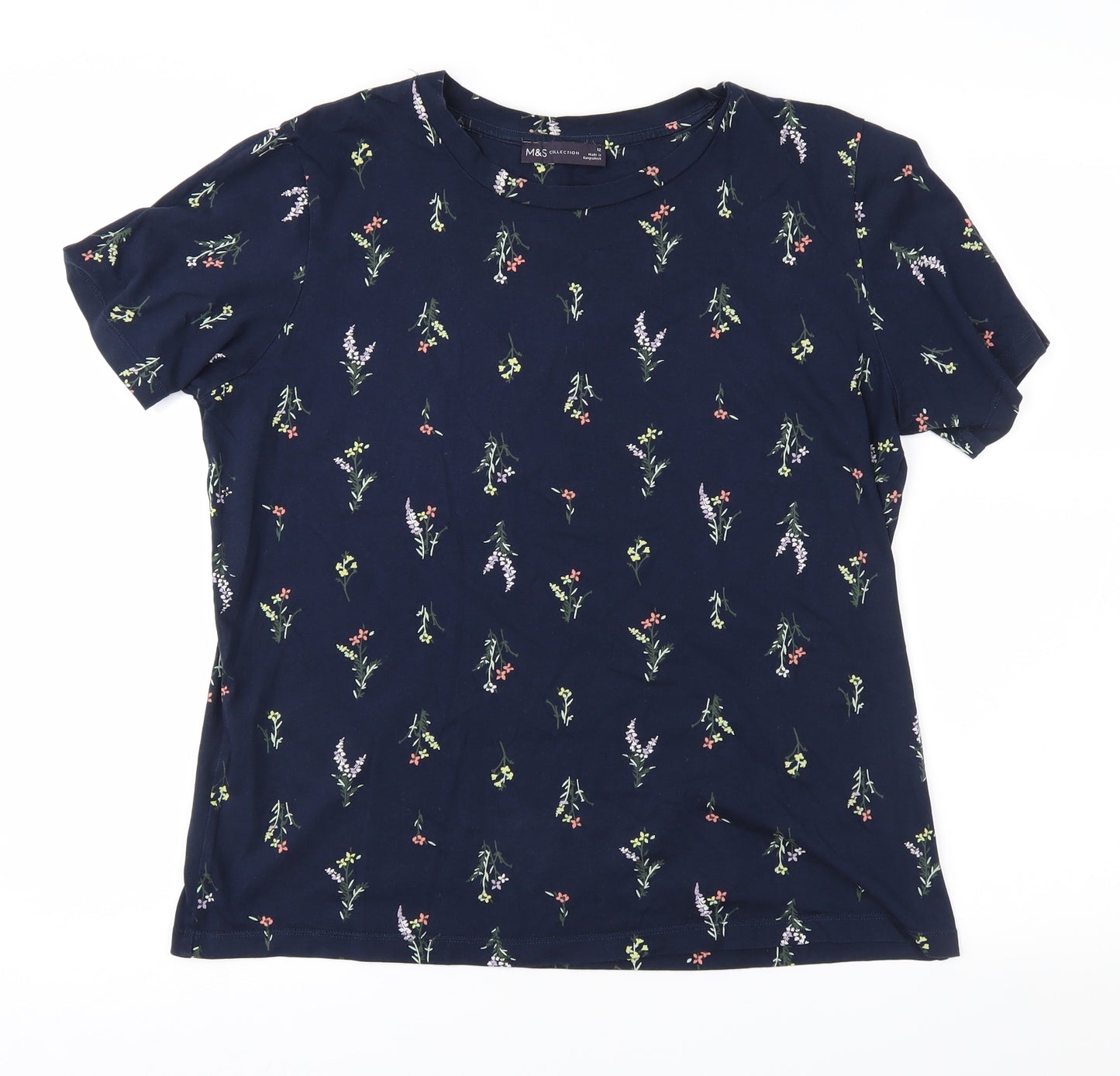 Marks and Spencer Womens Blue Floral Jersey Basic T-Shirt Size 12