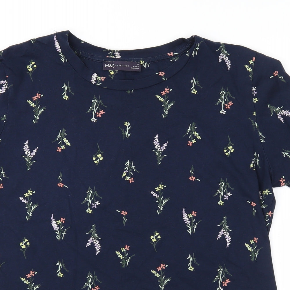 Marks and Spencer Womens Blue Floral Jersey Basic T-Shirt Size 12