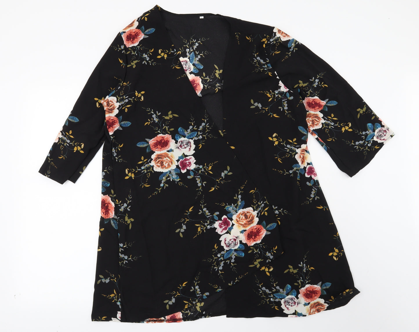 Preworn Womens Black Floral  Kimono Blouse Size L