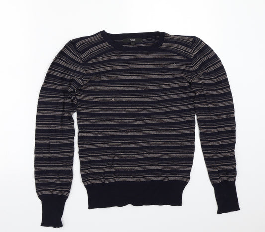 Front view of Next women’s blue striped jumper, size UK 8