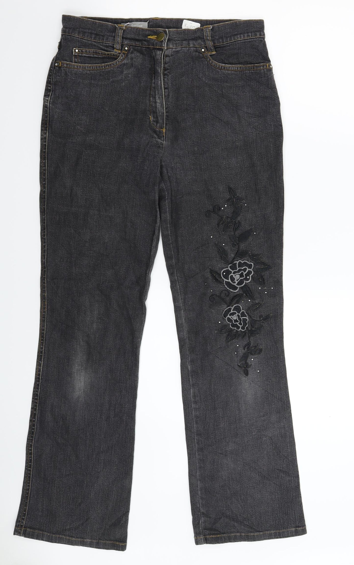 Steilmann Womens Black Floral Denim Straight Jeans Size 10 L29 in