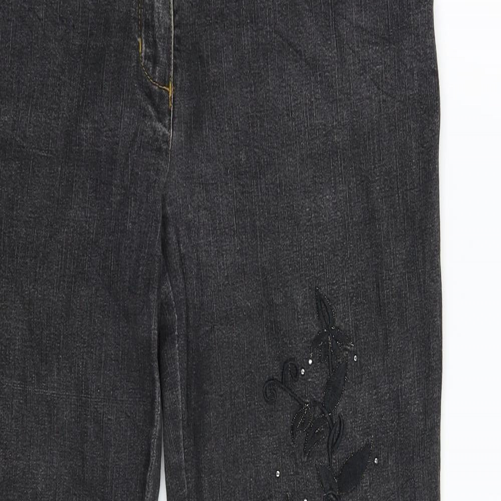 Steilmann Womens Black Floral Denim Straight Jeans Size 10 L29 in