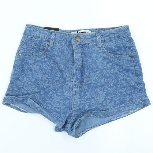 The Rockin Rev Womens Blue Floral Denim Hot Pants Shorts Size 6